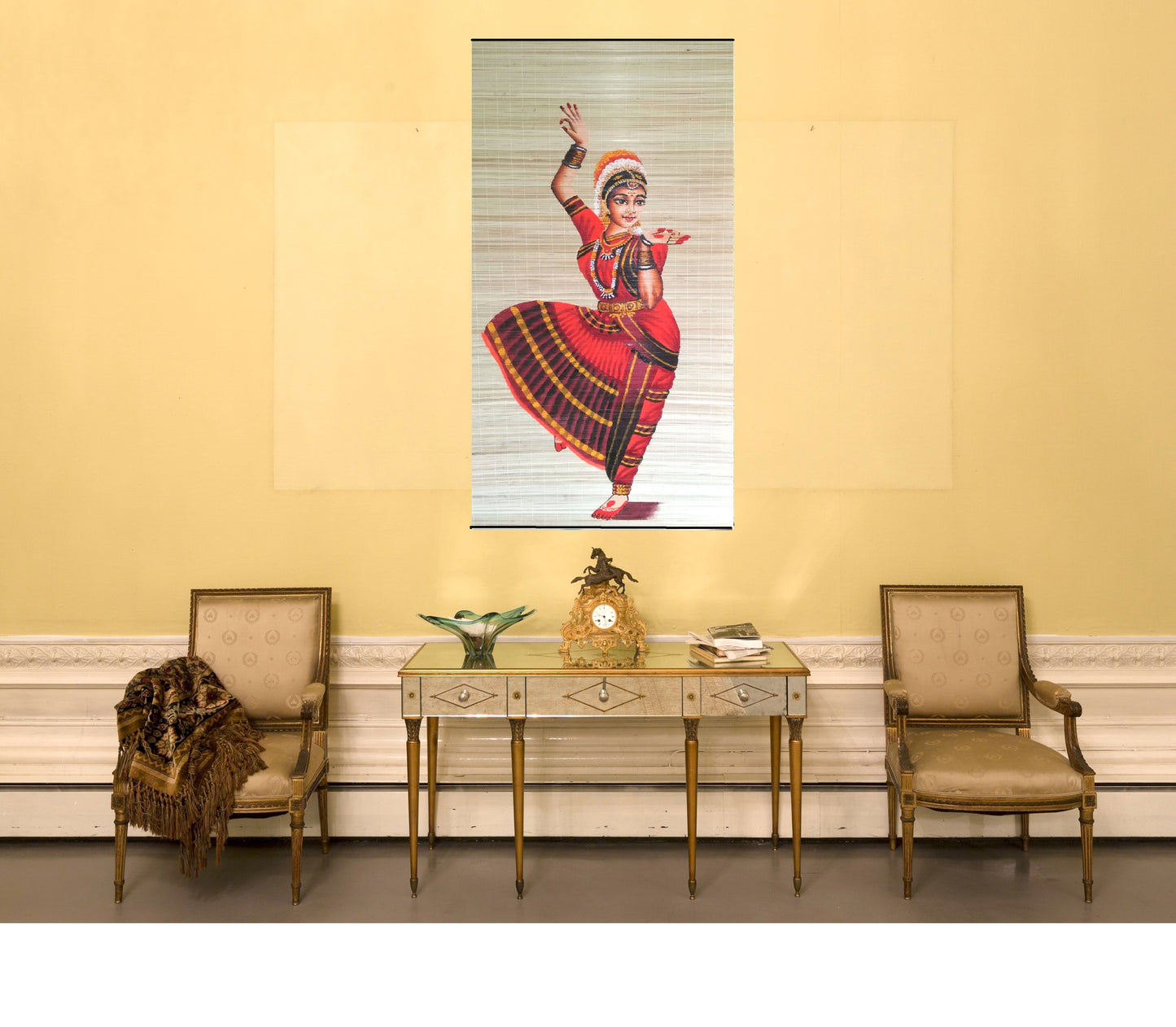 ZENRISE Hand Painted Art Bharath Natyam Dancer Painting Woven Bamboo Mat (2 x 4 feet)