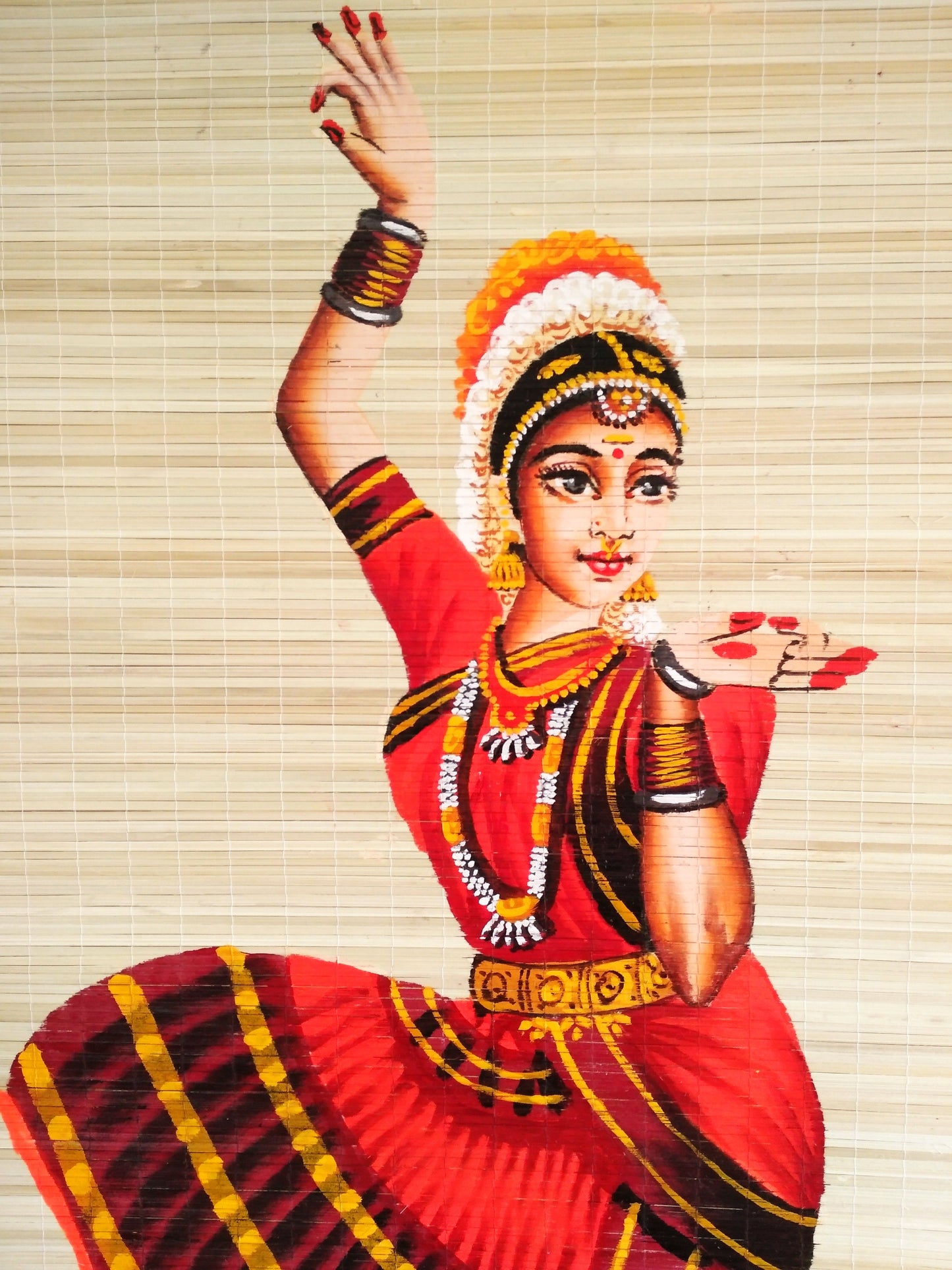 ZENRISE Hand Painted Art Bharath Natyam Dancer Painting Woven Bamboo Mat (2 x 4 feet)