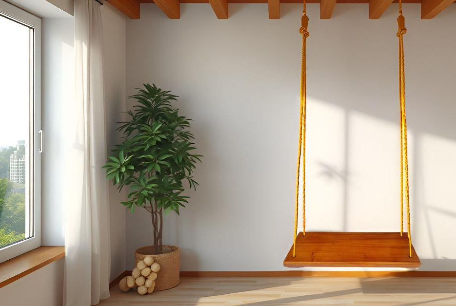 ZENRISE® Natural Mahogany Wooden Swing with Ropes for Adults and 10+ Years Kids for Home, Living Room, 2 feet Single Seater