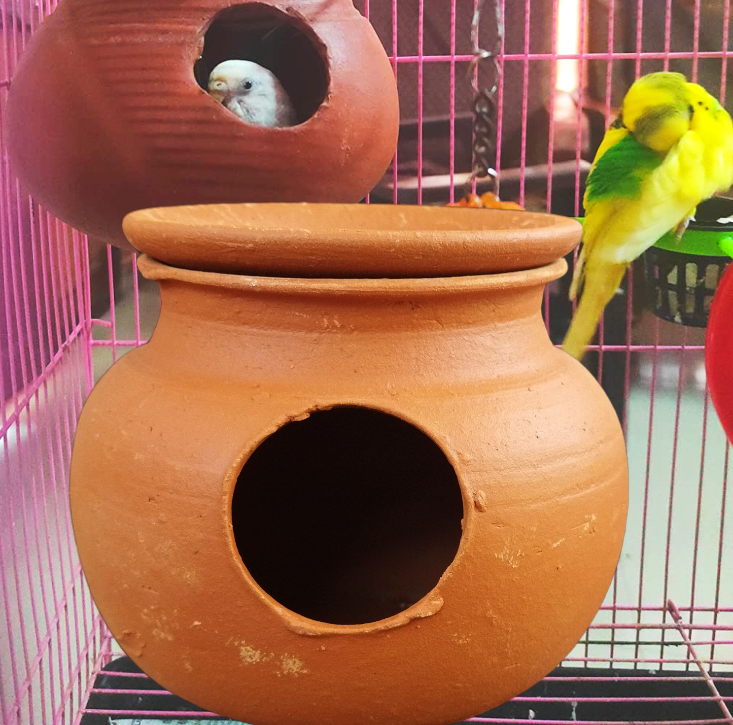 ZENRISE® Budgies Love Birds Clay mud matki Pot with Lid Bird House (Clay, Brown, 15 cm)