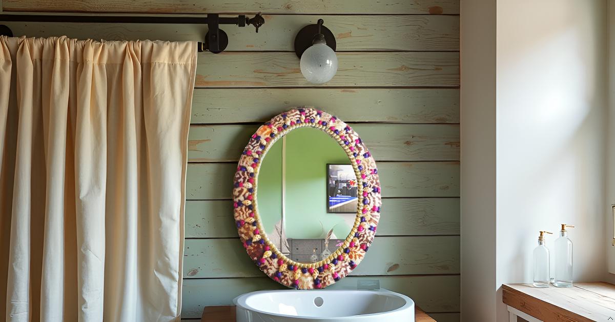 ZENRISE Decorative designer seashell handicraft oval framed wall mirror, 37 cm, MultiColor