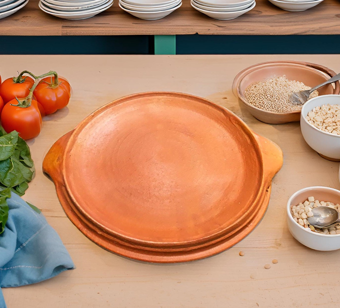 ZENRISE Clay Dosa chapati roti tawa Pan/Serving Platter with Handle, Terracotta, 24 cm Diameter