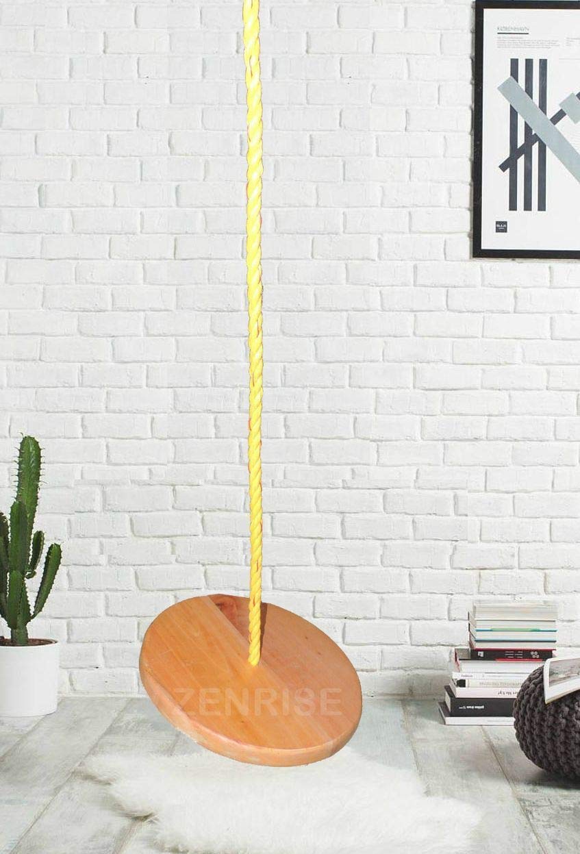 ZENRISE® Hard Single Rope small Wood Swing for Kids and Teens, Round / Plate / Disk / Square - Indoor and Outdoor, 12 inch Dia