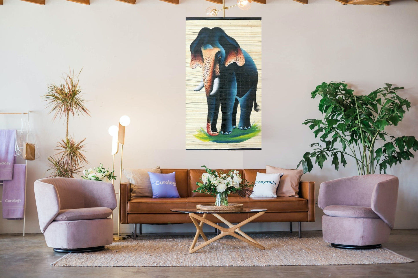 ZENRISE Elephant Drawing / Painted Art Kerala on Woven Bamboo Mat for Wall Decor (2 x 4 feet )