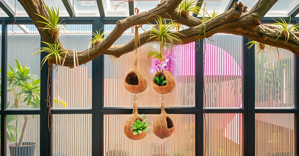 ZENRISE Coir and Coconut Shell Hanging Planters for Orchids air Succulent Plants Indoor, Bird Nest Shape, 20 x 13 cm, Pack of 4