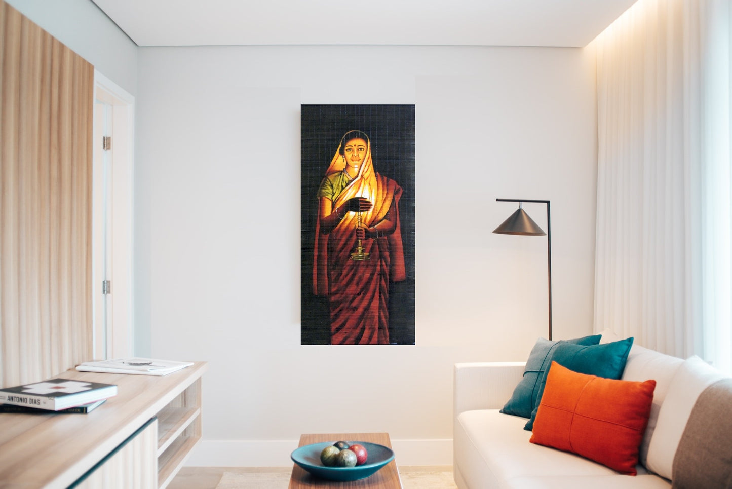 ZENRISE Lady with Lamp Bamboo Wall Hanging Woven Mat (2x4 feet, White)