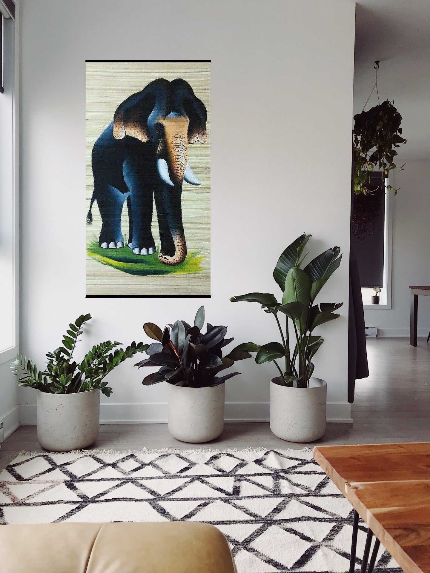 ZENRISE Elephant Drawing / Painted Art Kerala on Woven Bamboo Mat for Wall Decor (2 x 4 feet )