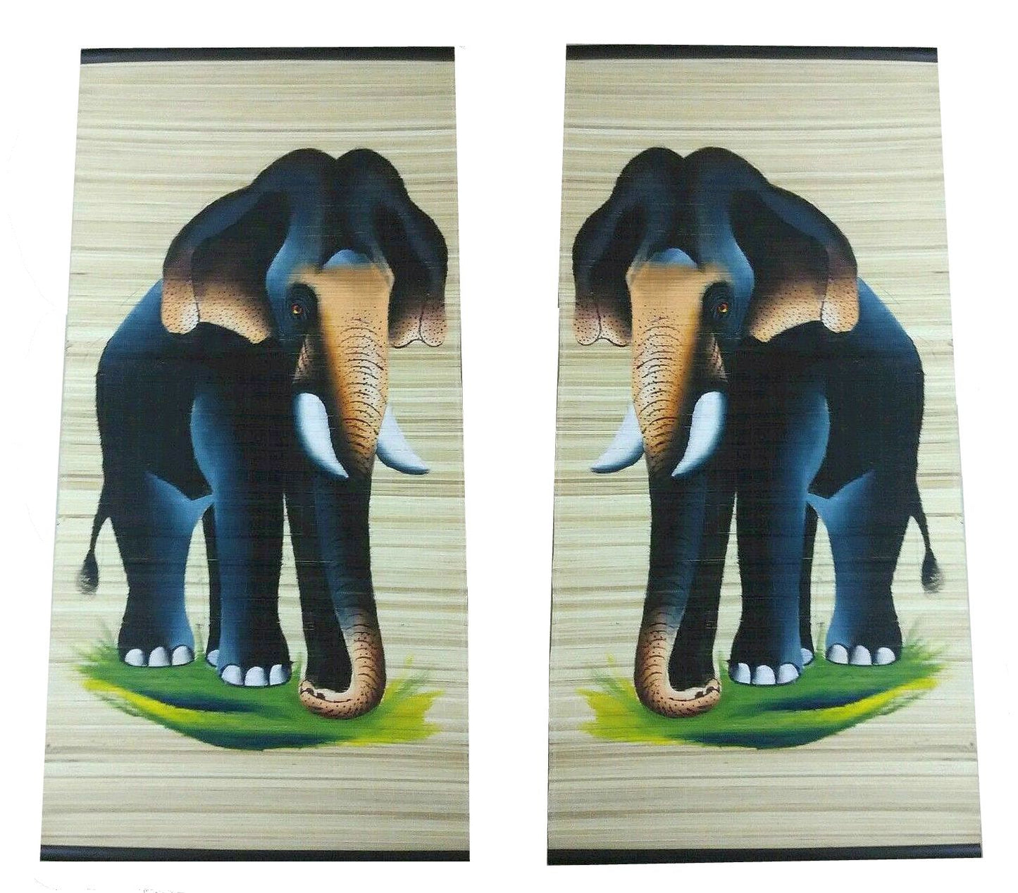 ZENRISE® bamboo mat kerala elephants wall hanging decoration painting, Black, 1.5x3 feet, Set of 2 (Left, Right Pair)