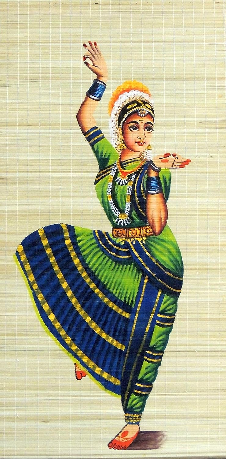 ZENRISE Hand Painted Art Bharath Natyam Dancer Painting Woven Bamboo Mat (2 x 4 feet)