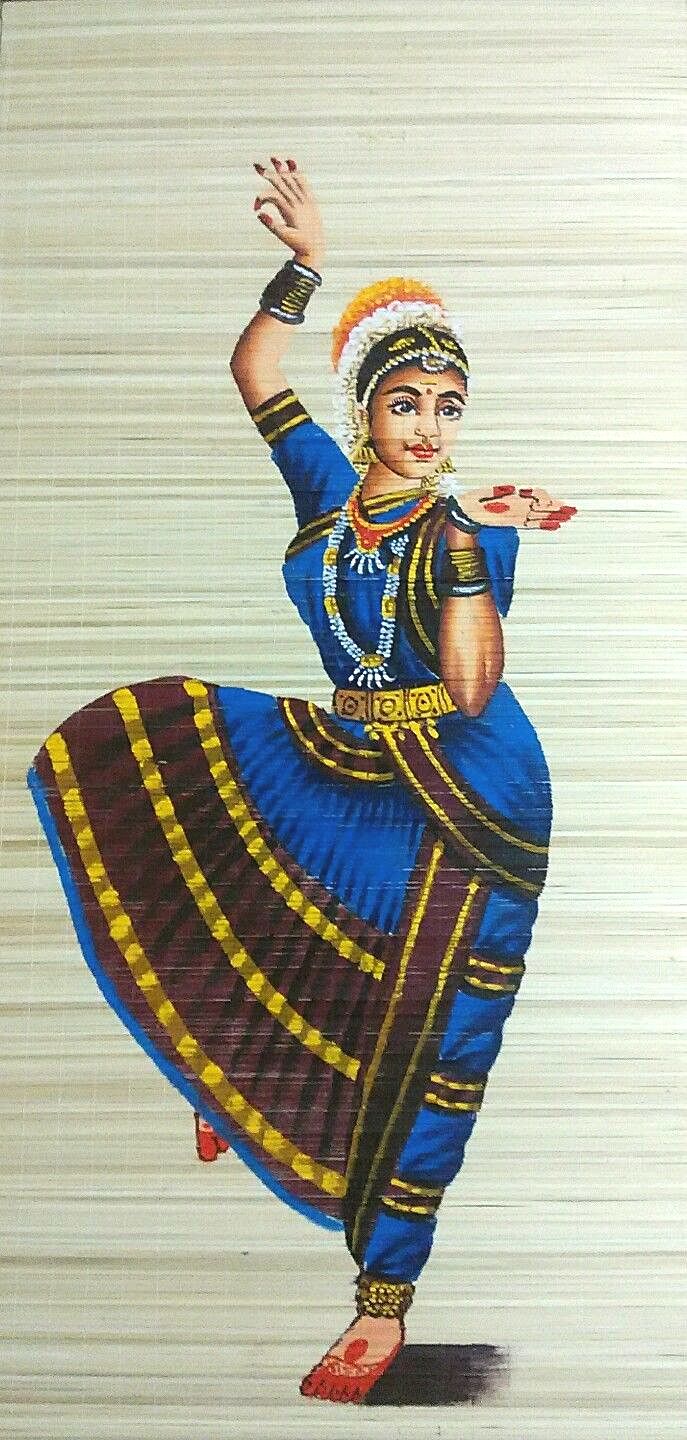 ZENRISE Hand Painted Art Bharath Natyam Dancer Painting Woven Bamboo Mat (2 x 4 feet)
