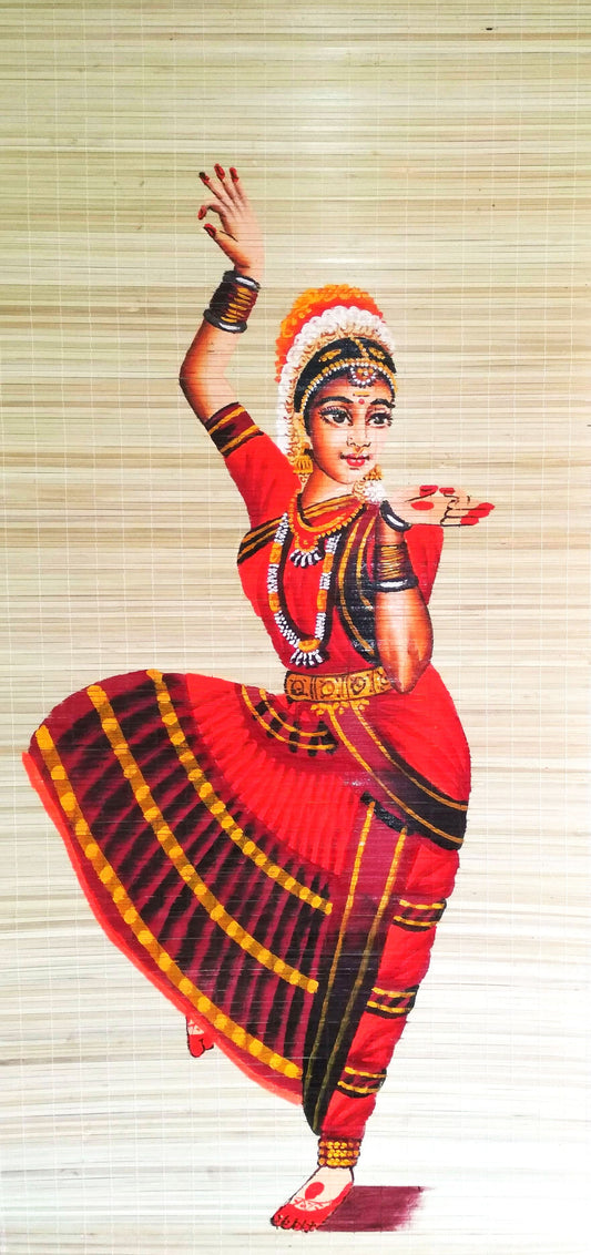 ZENRISE Hand Painted Art Bharath Natyam Dancer Painting Woven Bamboo Mat (2 x 4 feet)