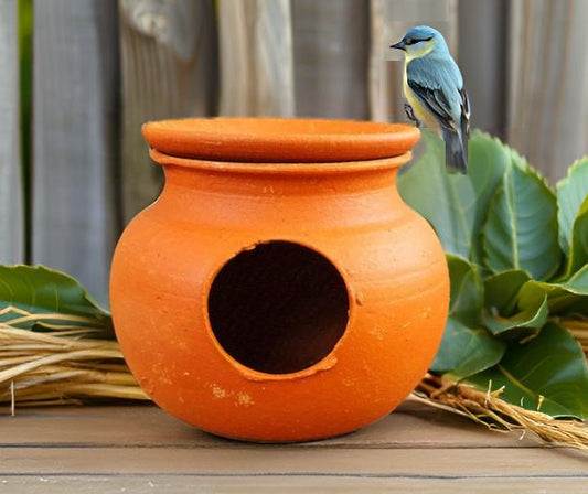 ZENRISE® Budgies Love Birds Clay mud matki Pot with Lid Bird House (Clay, Brown, 15 cm)