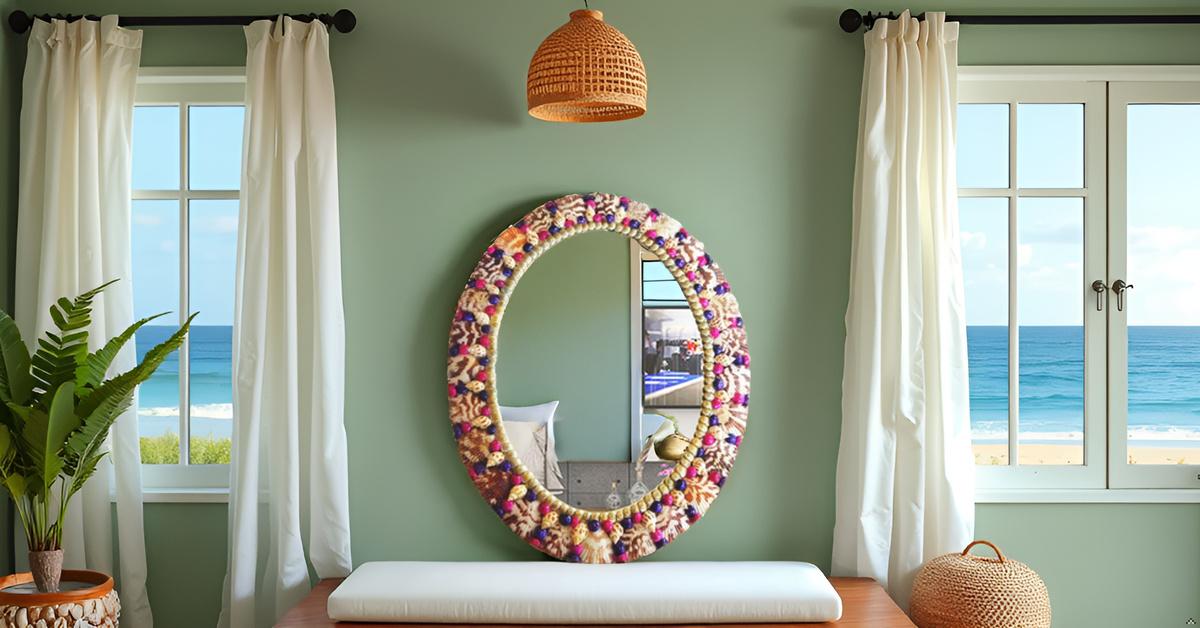 ZENRISE Decorative designer seashell handicraft oval framed wall mirror, 37 cm, MultiColor