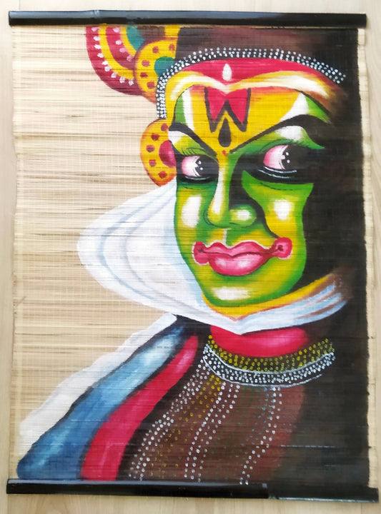 ZENRISE Kathakali face Hand Painted Art on Woven Bamboo mat Wall Hanging Painting (Multicolour, 25x32 inches)