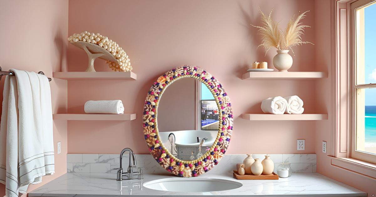 ZENRISE Decorative designer seashell handicraft oval framed wall mirror, 37 cm, MultiColor