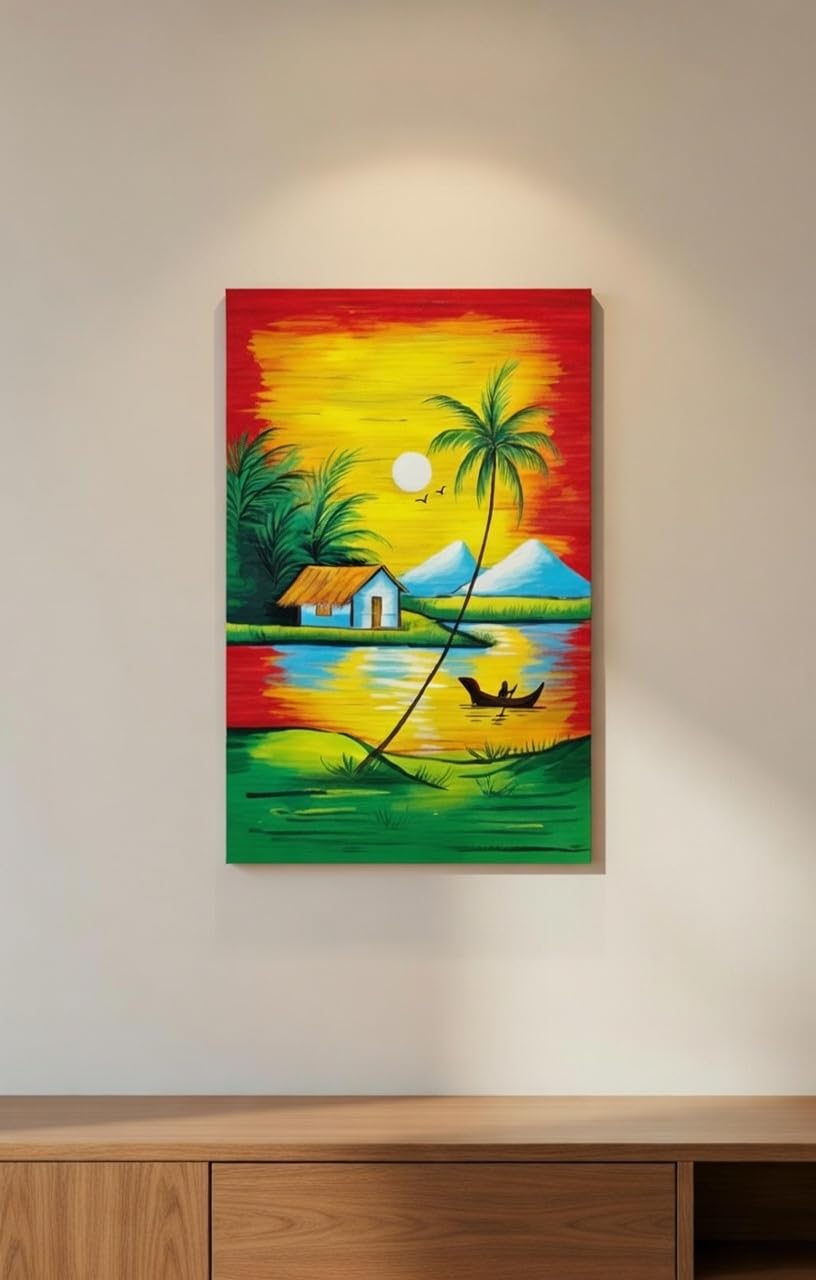 ZENRISE Hand Painted Bamboo Mat Wall Art, Tropical Sunset Village Scenary with Palm Trees and Boat, 2x4 Feet, Unframed mat