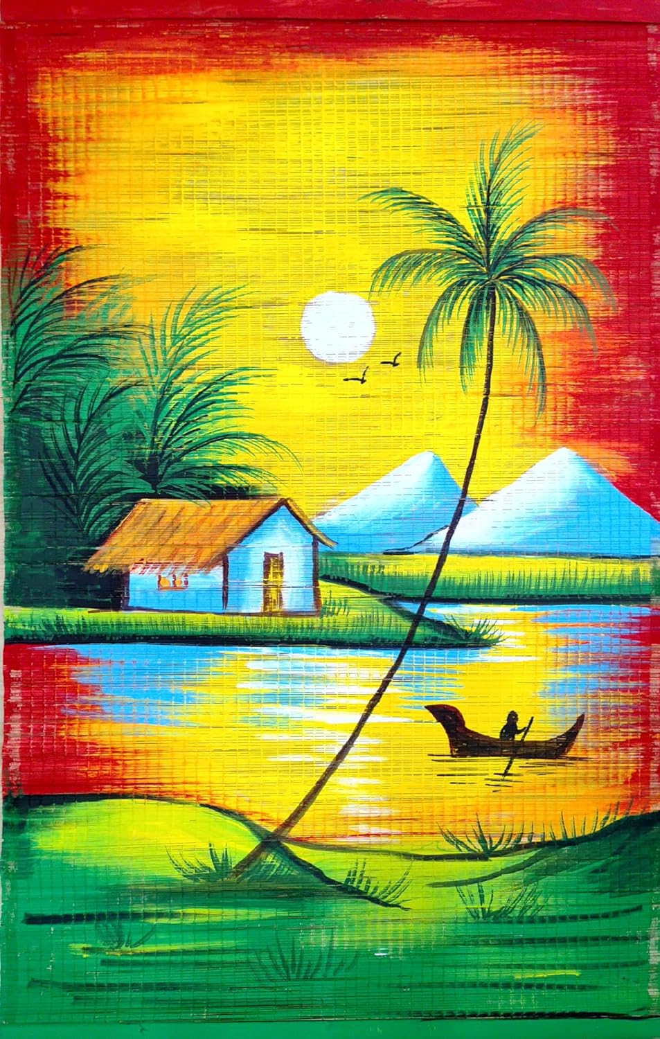 ZENRISE Hand Painted Bamboo Mat Wall Art, Tropical Sunset Village Scenary with Palm Trees and Boat, 2x4 Feet, Unframed mat