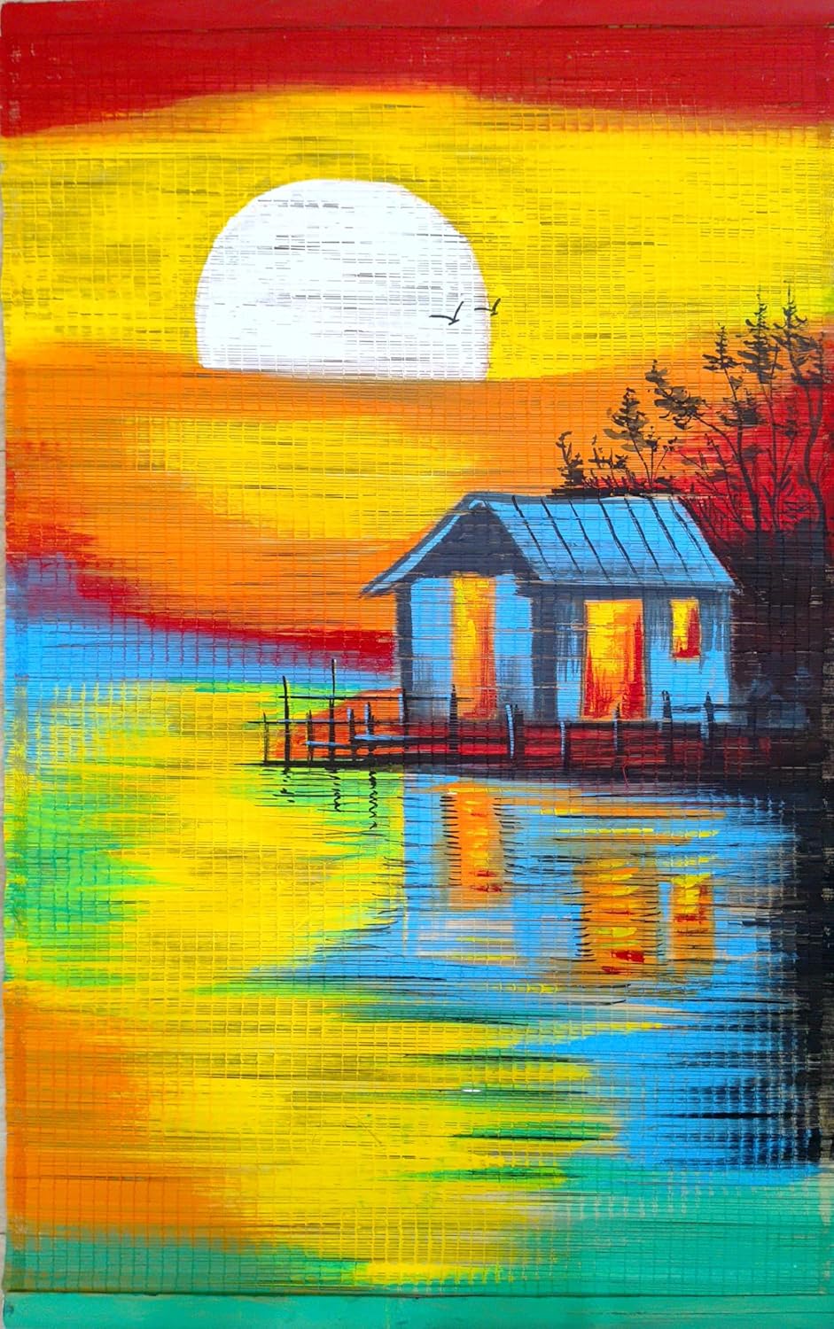 ZENRISE Hand Painted Bamboo Mat Wall Art, Tropical Sunset Village Scenary with Palm Trees and Boat, 2x4 Feet, Unframed mat (Copy)