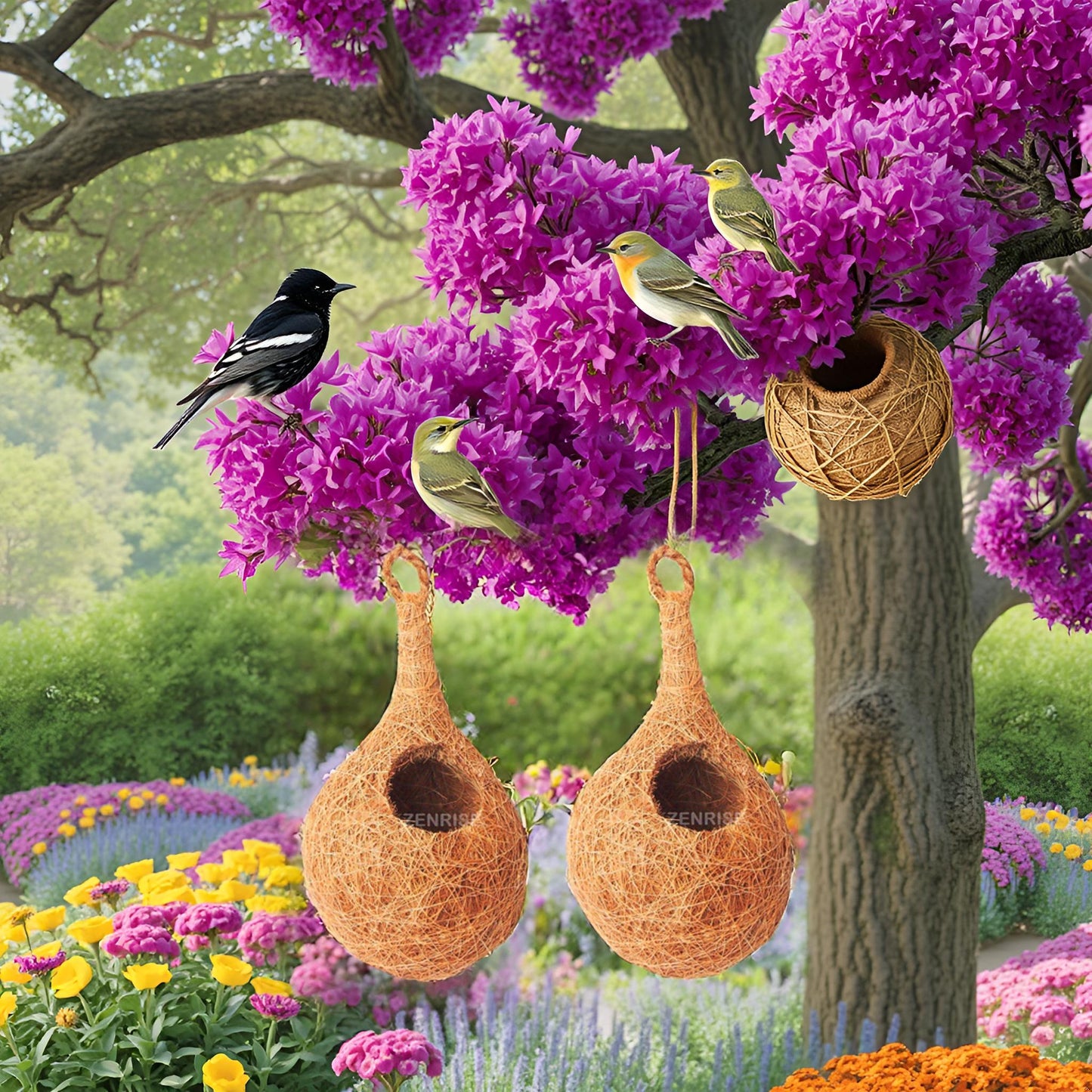 ZENRISE® Bird nest for Birds for Pet and Balcony Birds Sparrows Finches breeding (Beige, 100% Coir), Pack of 4