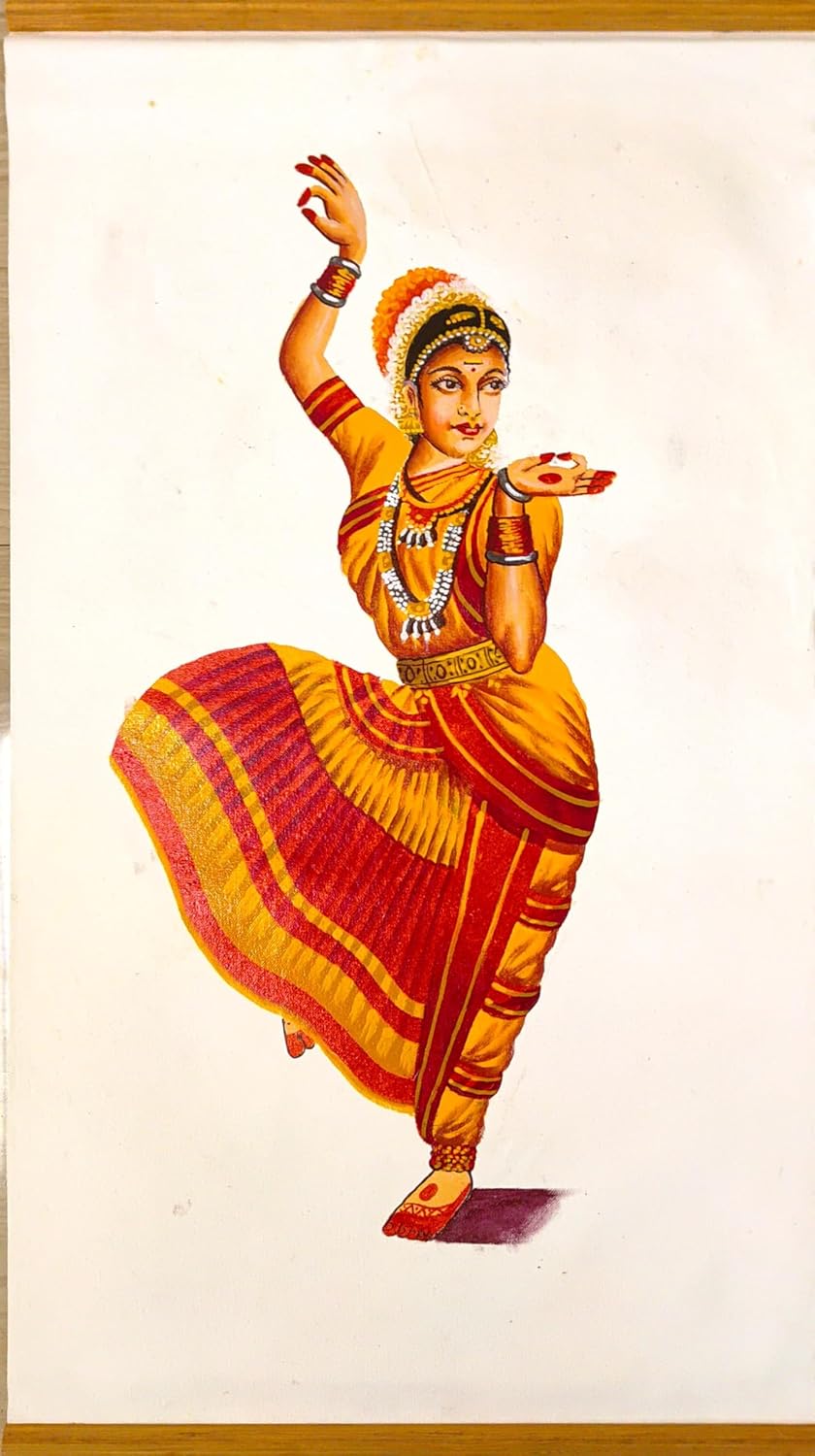 ZENRISE Bharatha natyam Dancing Lady Oil Painting on Canvas, Kerala Hand Painted Art Wall Decor Hanging, 18x32 Inches