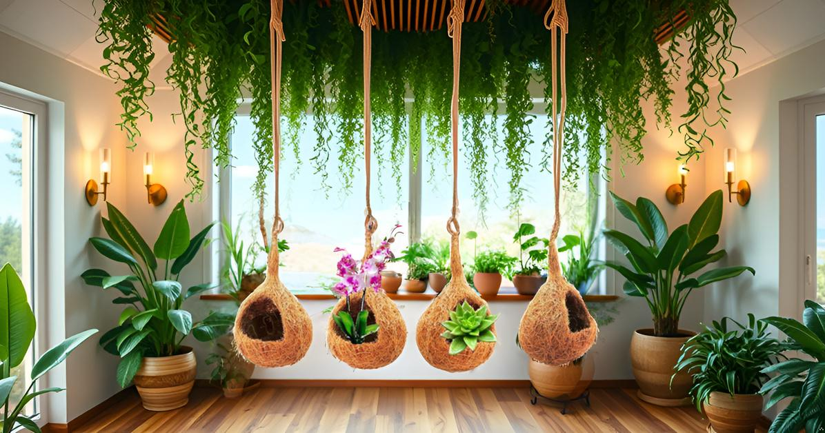 ZENRISE Coir and Coconut Shell Hanging Planters for Orchids air Succulent Plants Indoor, Bird Nest Shape, 20 x 13 cm, Pack of 4