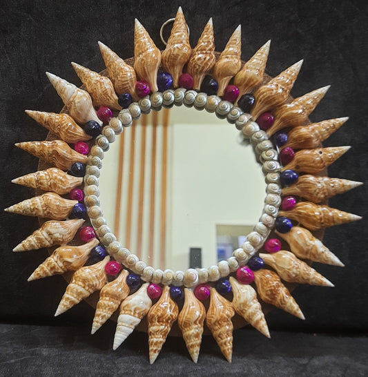ZENRISE Seashell Round Decorative Designer Handicraft Wall Hanging Mirror - 10 inches , Brown