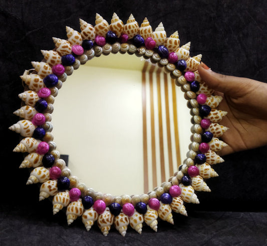 ZENRISE Seashell Small Round Decorative Designer Handicraft Wall Hanging Mirror - 8 inches , Beige