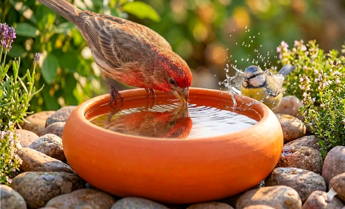 ZENRISE® Clay Bird Water Feeder Pot Tray, Bath tub for Birds in Balcony and Garden - 13 cm, 2 Piece