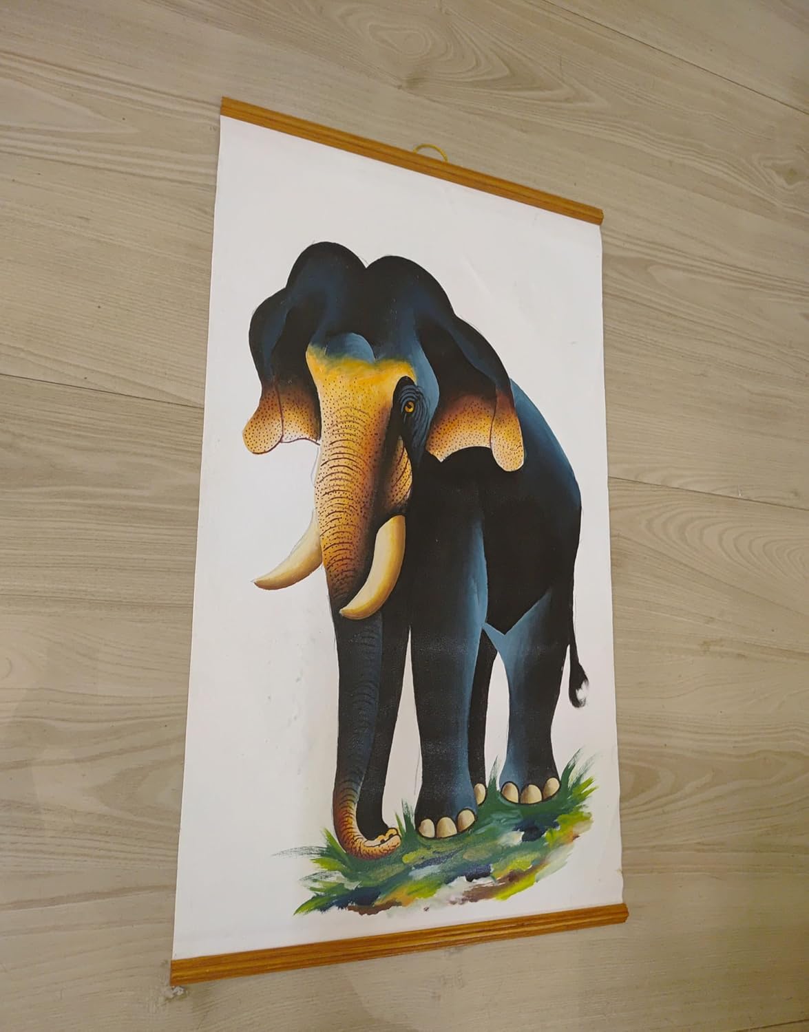 ZENRISE Kerala Guruvayur Elephant Painting, Hand Painted Oil on Canvas Wall Hanging Decoration, 18x32 Inches
