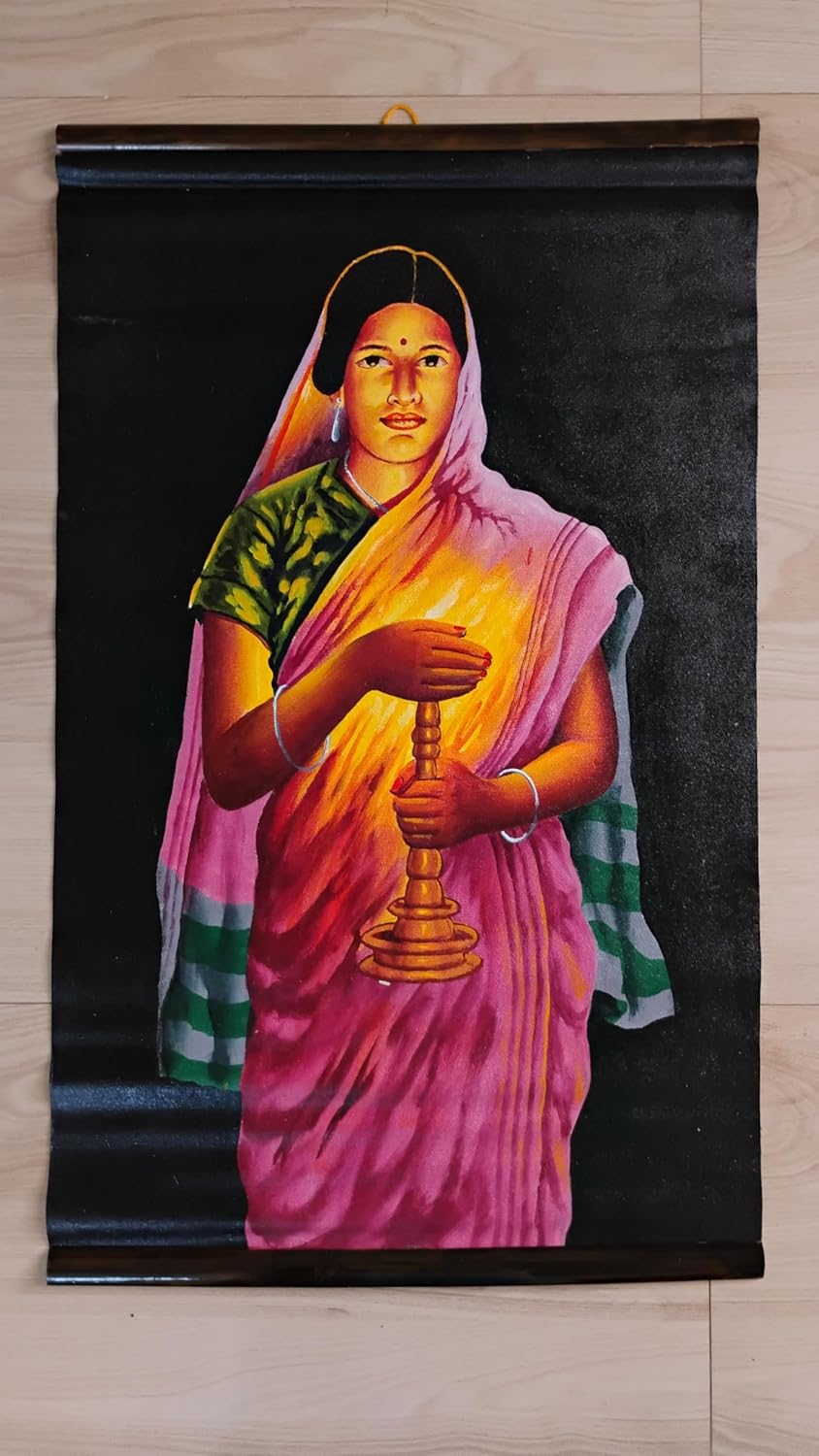 ज़ेनराइज़ ग्लो ऑफ़ होप लेडी विथ लैंप हैंड पेंटेड आर्ट पेंटिंग ऑन कैनवास वॉल हैंगिंग होम डेकोरेशन, 18x32 इंच