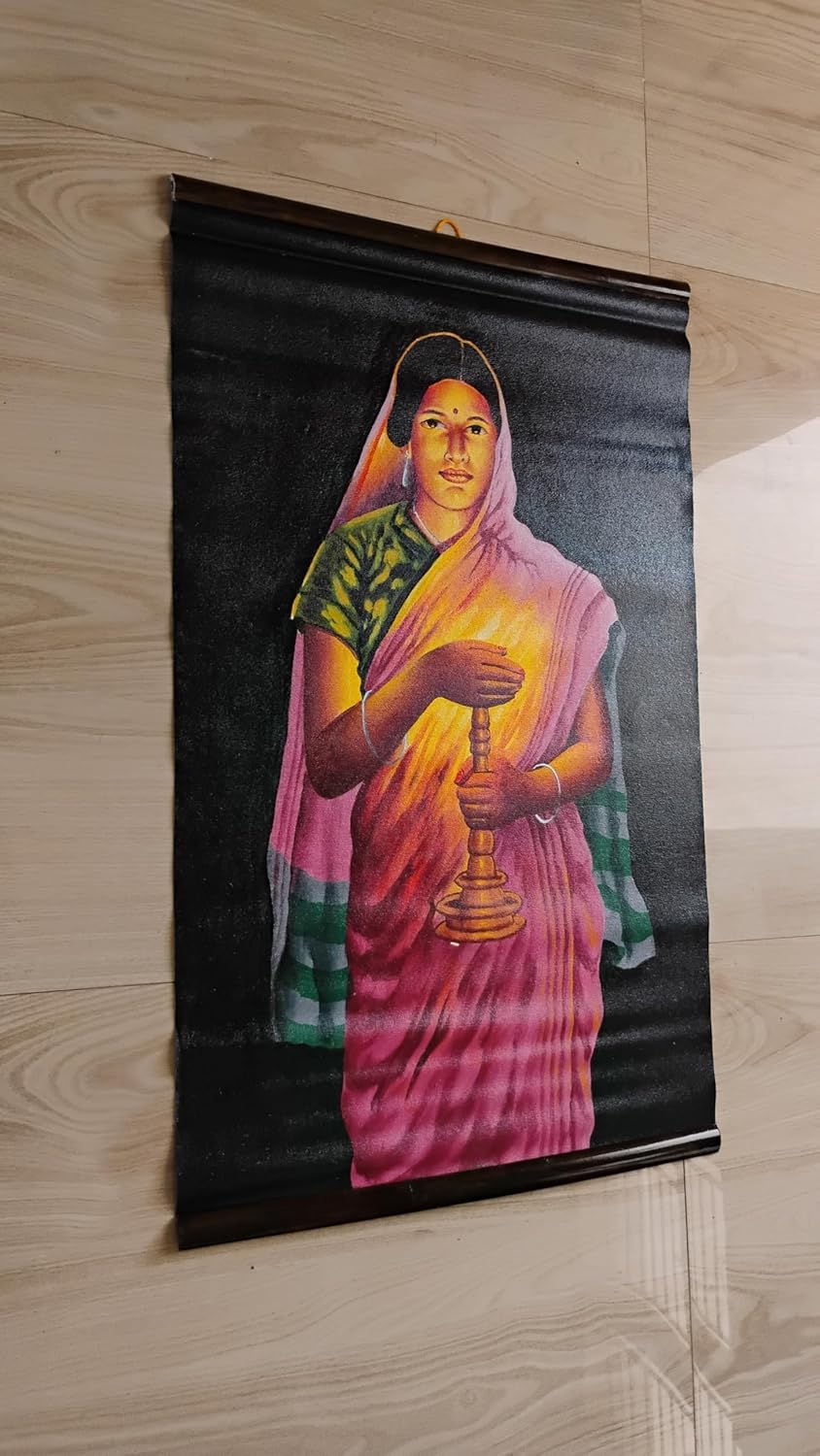 ज़ेनराइज़ ग्लो ऑफ़ होप लेडी विथ लैंप हैंड पेंटेड आर्ट पेंटिंग ऑन कैनवास वॉल हैंगिंग होम डेकोरेशन, 18x32 इंच