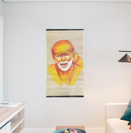 ज़ेनराइज़ शिरडी साईंबाबा हैंड पेंटेड आर्ट ऑन वुवन बैम्बू मैट वॉल हैंगिंग पेंटिंग (बहुरंगीय, 22x45 इंच)