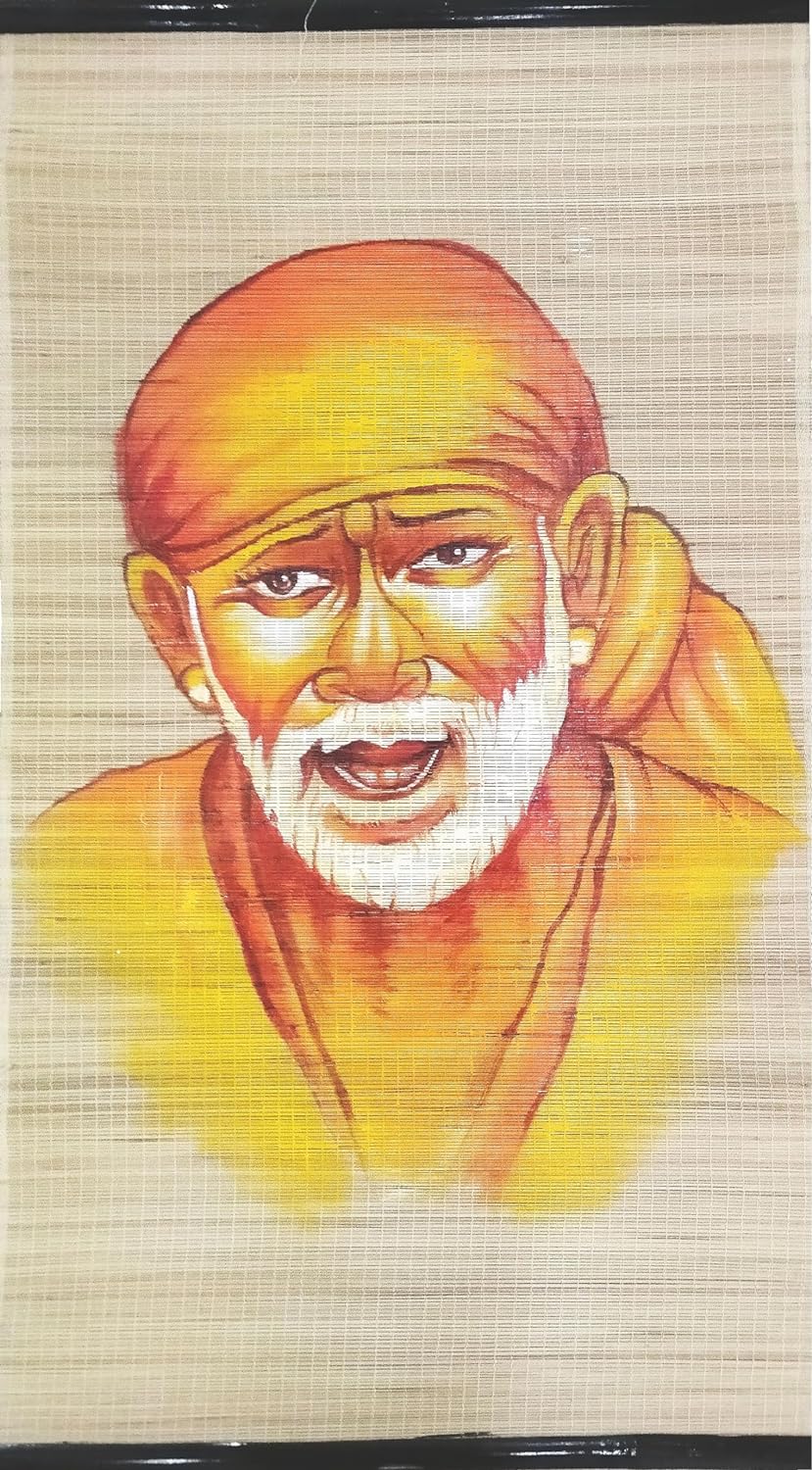 ज़ेनराइज़ शिरडी साईंबाबा हैंड पेंटेड आर्ट ऑन वुवन बैम्बू मैट वॉल हैंगिंग पेंटिंग (बहुरंगीय, 22x45 इंच)