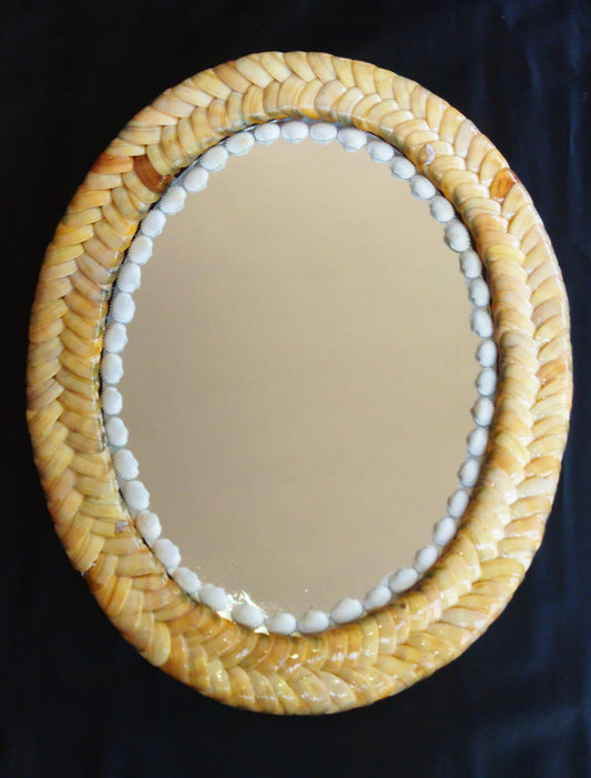 ZENRISE Decorative designer seashell handicraft oval framed wall mirror, 37 cm, Beige