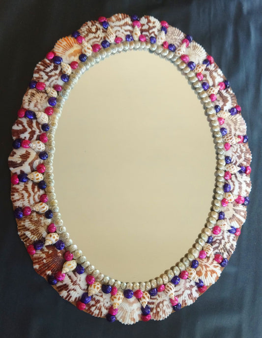 ZENRISE Decorative designer seashell handicraft oval framed wall mirror, 37 cm, MultiColor